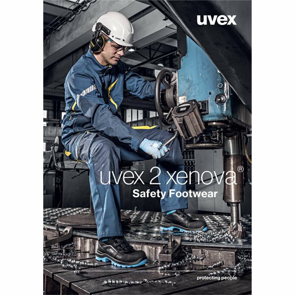Product overview for the uvex 2 xenova series – all safety shoes in red, green and blue.